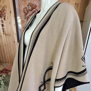 One of a kind! Heavy wool wrap - black lining with embroidery & fringe.